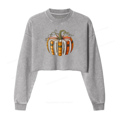 Pagewings Fall Book Pumpkin Women Washed Crop Sweatshirt
