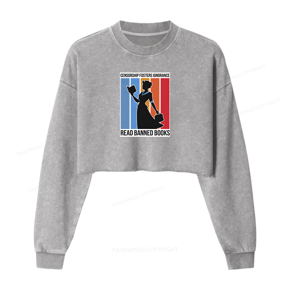 Pagewings Read Banned Books Women Washed Crop Sweatshirt
