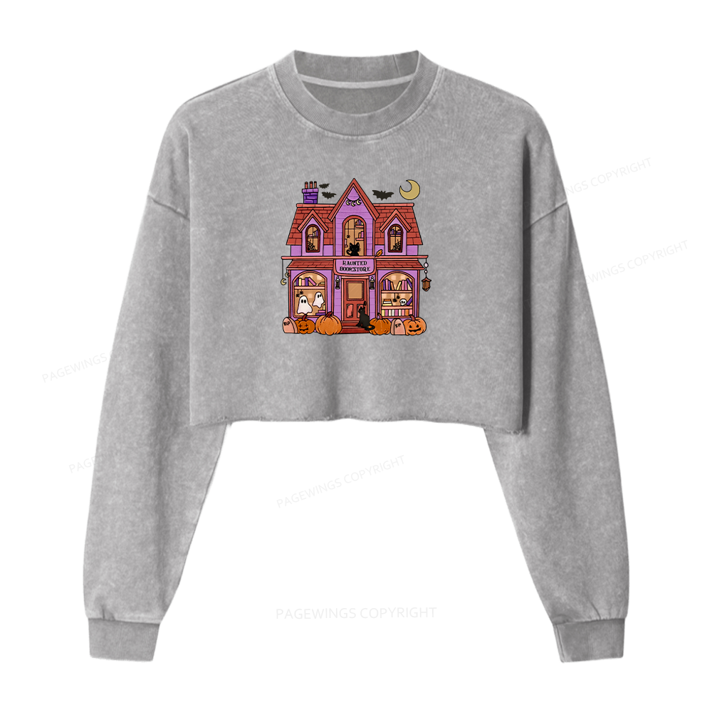 Pagewings Haunted Bookstore Women Washed Crop Sweatshirt