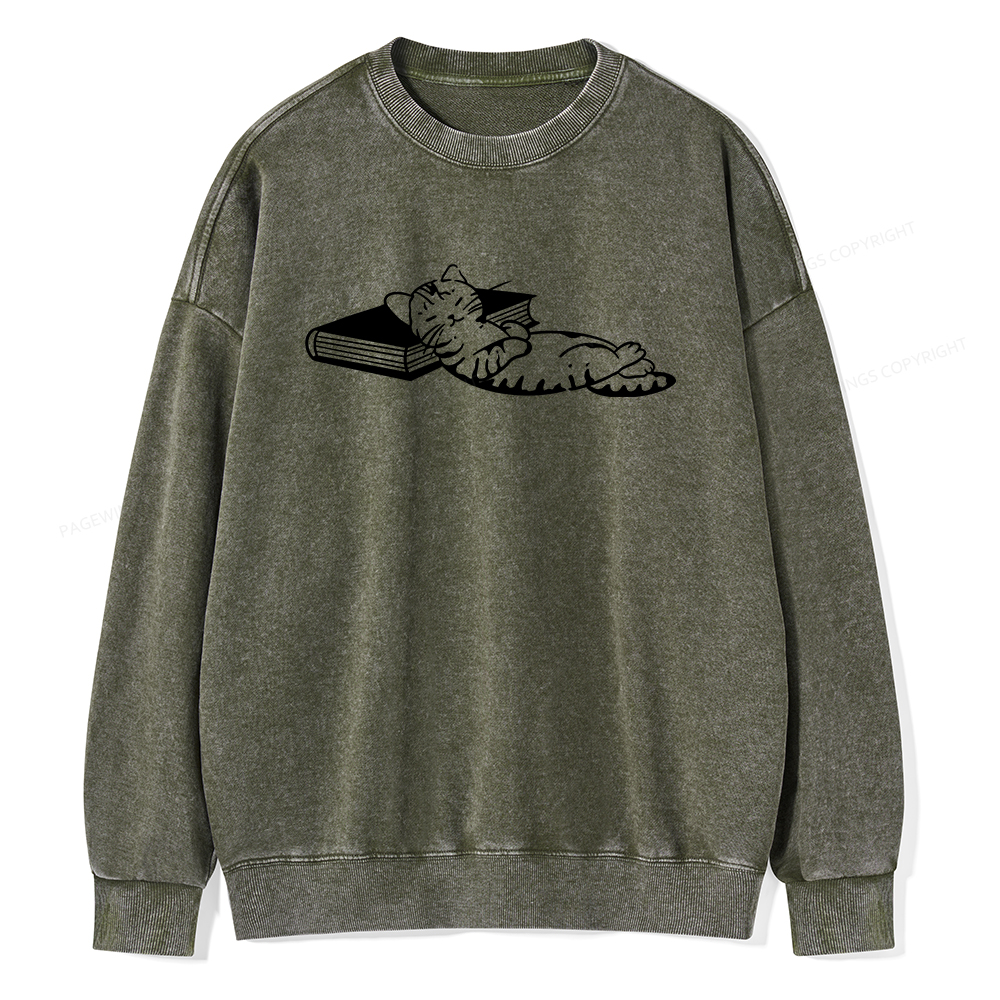 Pagewings A Cat Sleeping On The Book Unisex Washed Sweatshirt