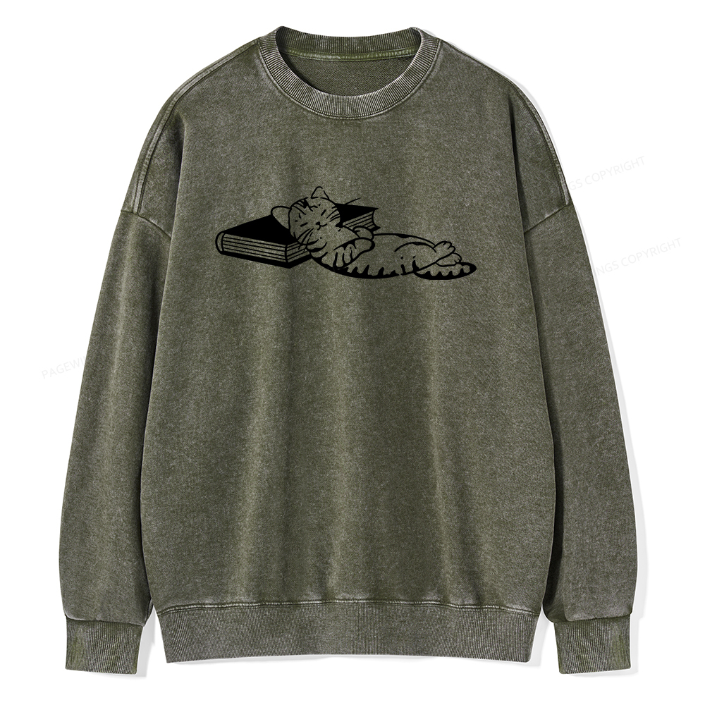 Pagewings A Cat Sleeping On The Book Unisex Washed Sweatshirt