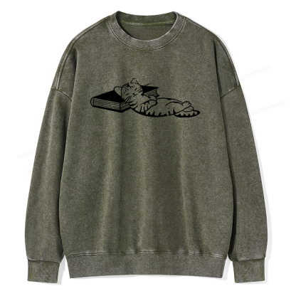 Pagewings A Cat Sleeping On The Book Unisex Washed Sweatshirt