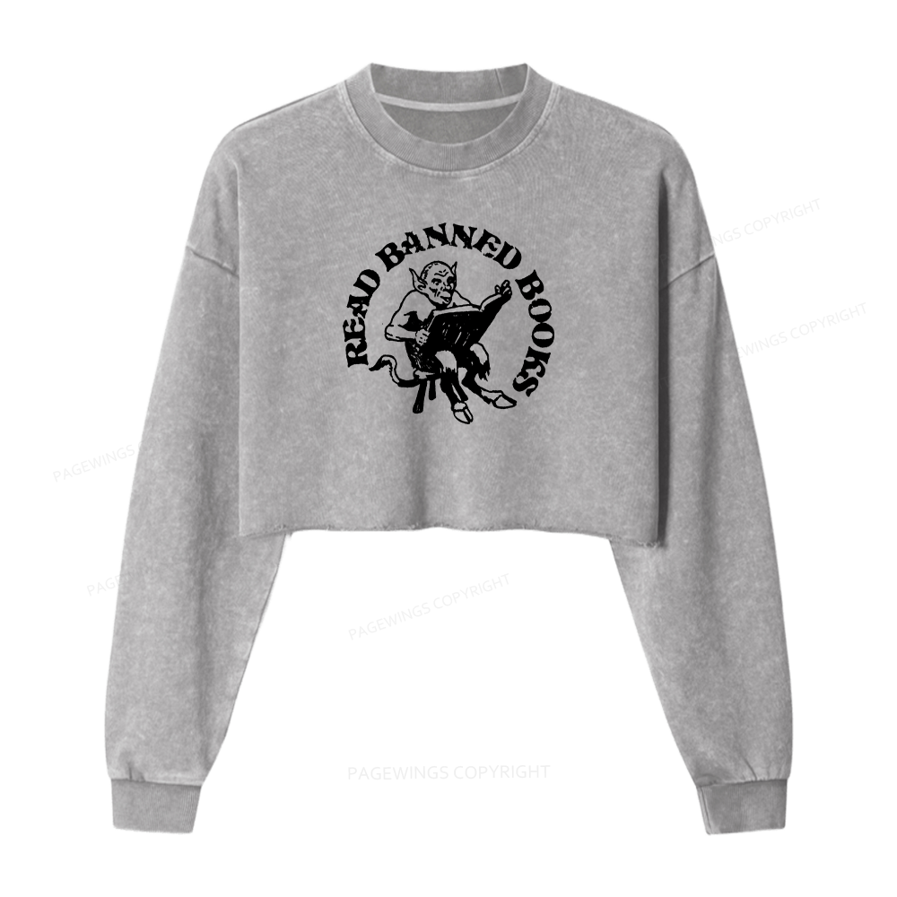 Pagewings Read Banned Books Women Washed Crop Sweatshirt