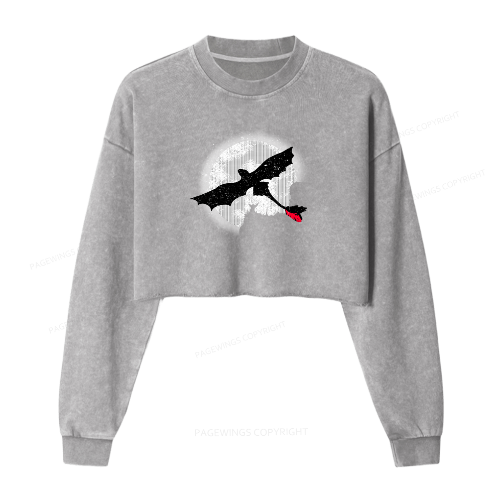 Pagewings Moonlight Dragon Rider Women Washed Crop Sweatshirt