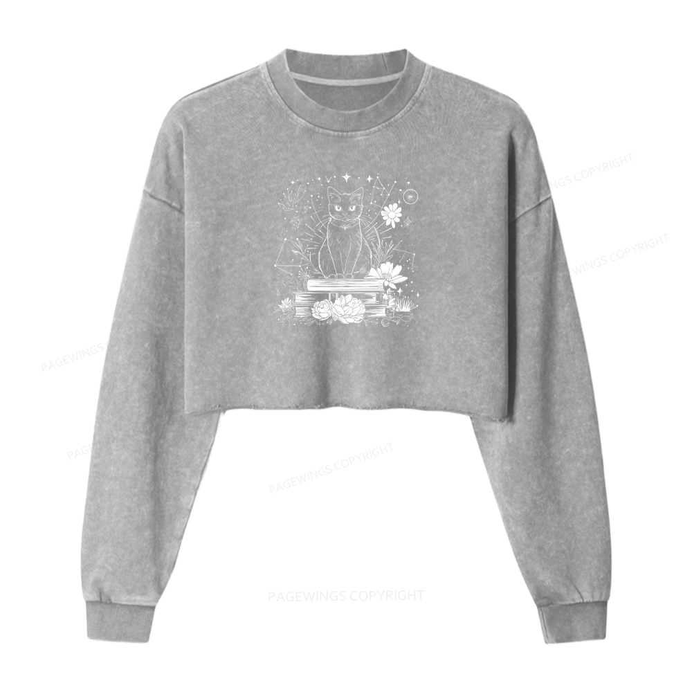 Pagewings Black Cat Book Lover Women Washed Crop Sweatshirt