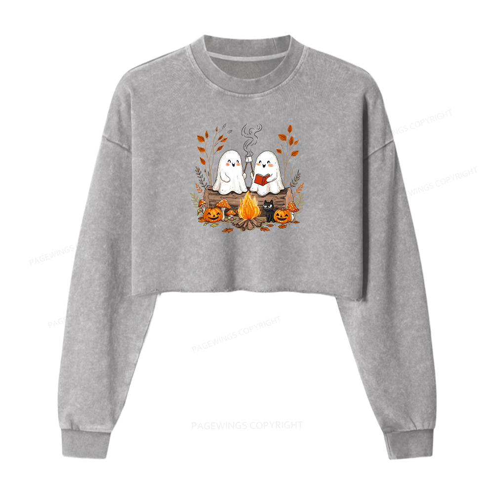 Pagewings Cute Ghost Halloween Women Washed Crop Sweatshirt