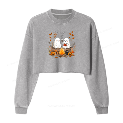 Pagewings Cute Ghost Halloween Women Washed Crop Sweatshirt