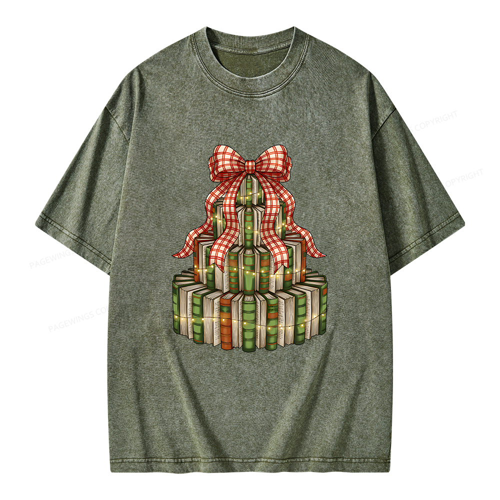 Pagewings Christmas Book Tree Unisex Washed T-shirt