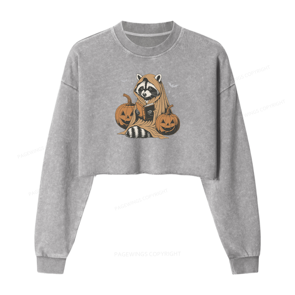 Pagewings Halloween Cute Raccoon Ghost Reading Women Washed Crop Sweatshirt