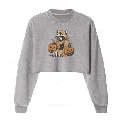 Pagewings Halloween Cute Raccoon Ghost Reading Women Washed Crop Sweatshirt
