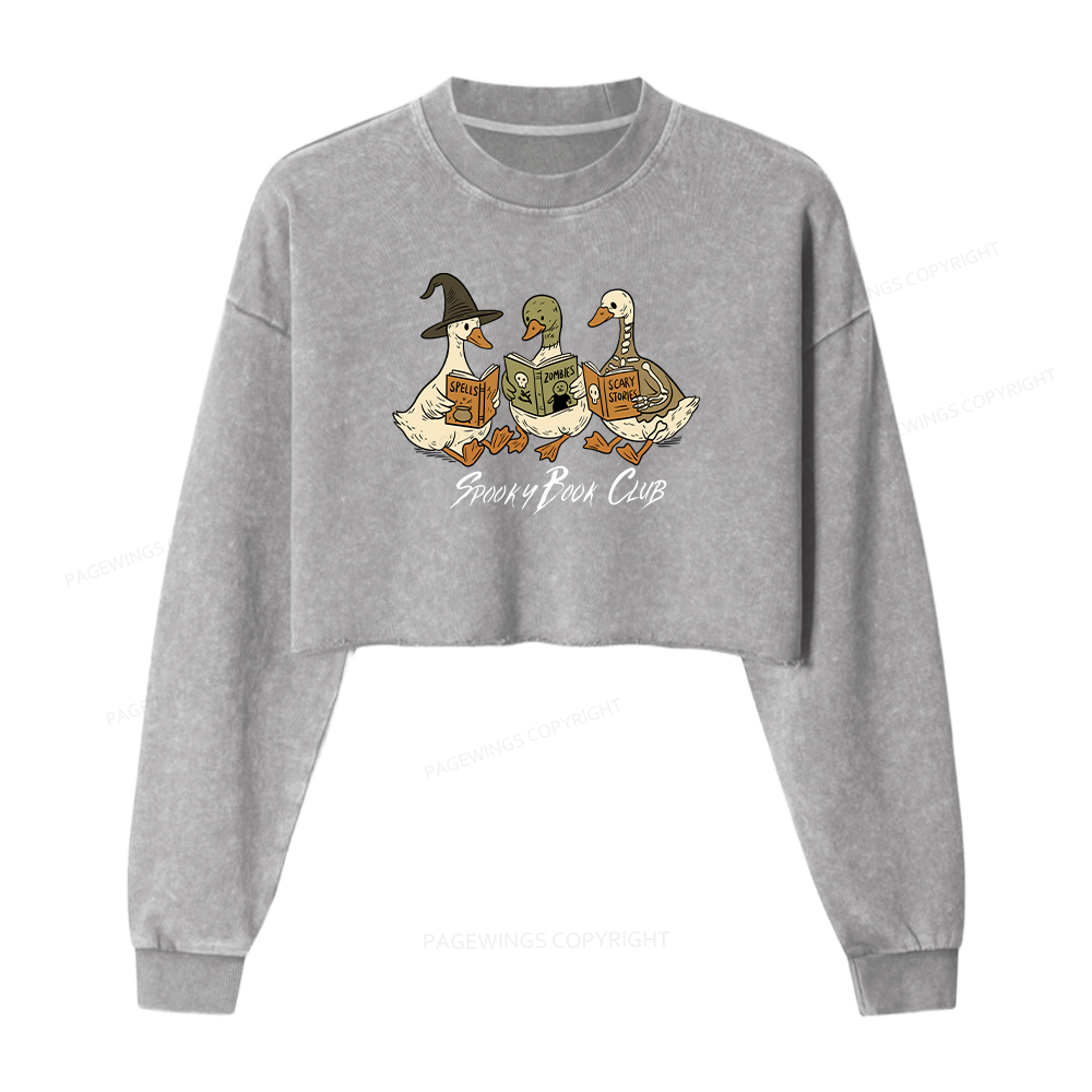 Pagewings Spooky Book Club Women Washed Crop Sweatshirt