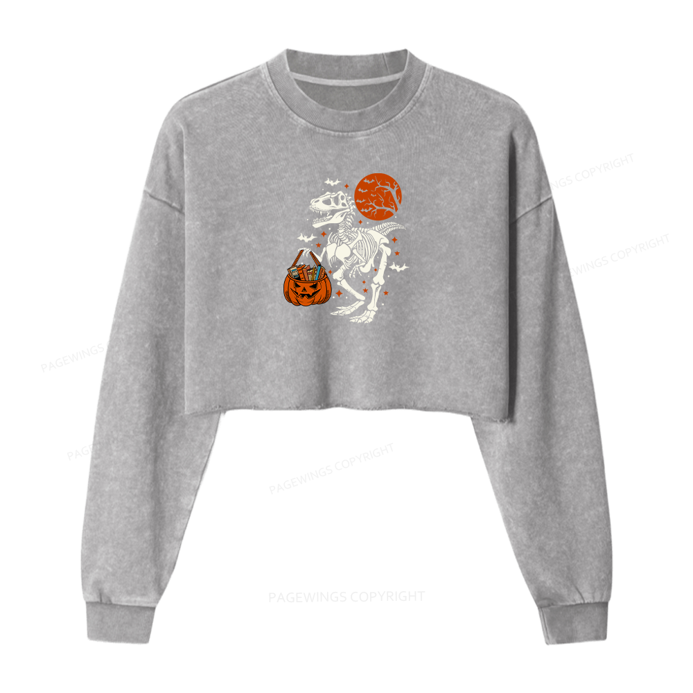 Pagewings Dinosaur Halloween Women Washed Crop Sweatshirt