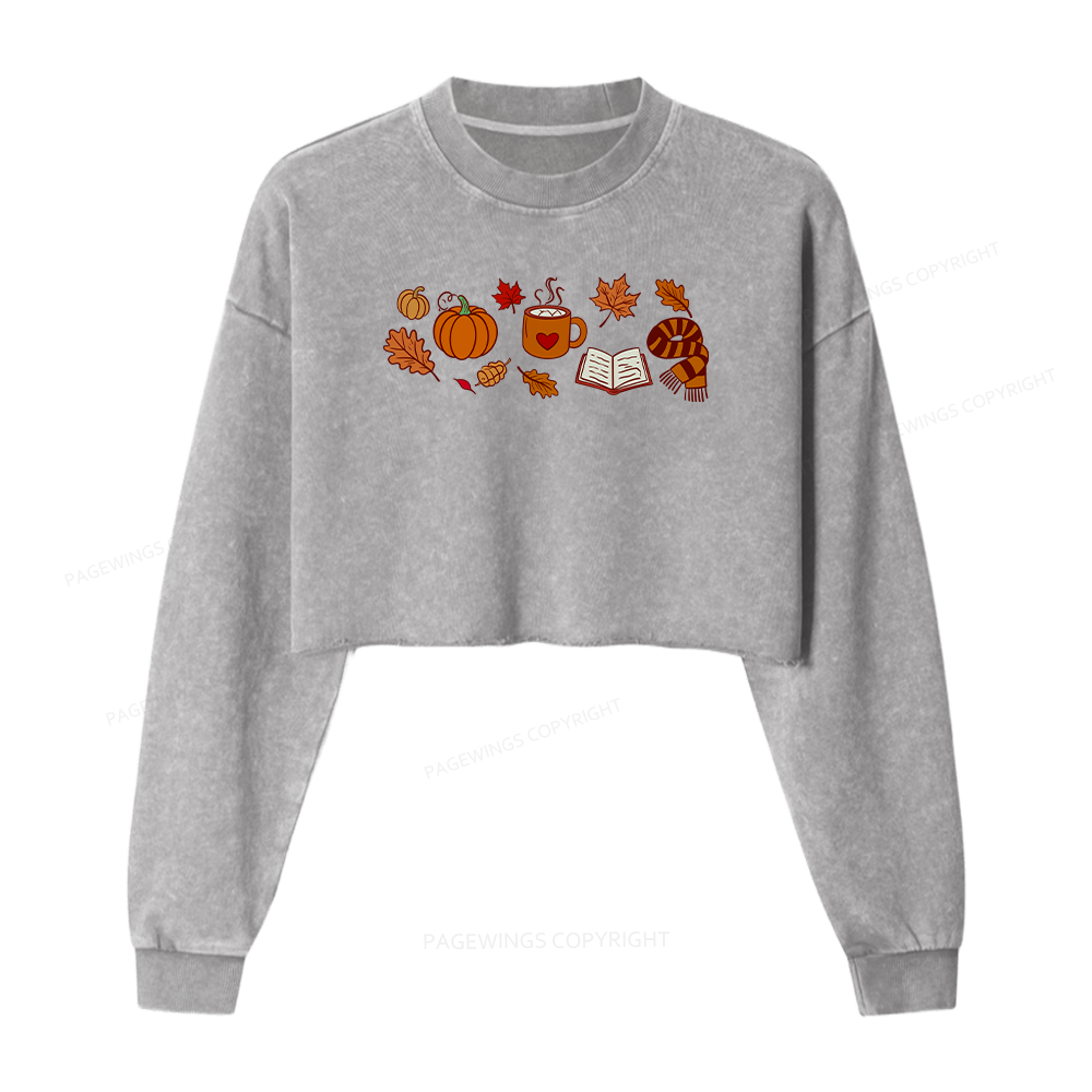 Pagewings Cozy Autumn With Books Women Washed Crop Sweatshirt