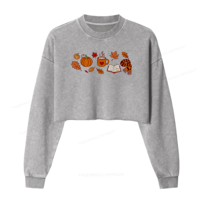 Pagewings Cozy Autumn With Books Women Washed Crop Sweatshirt