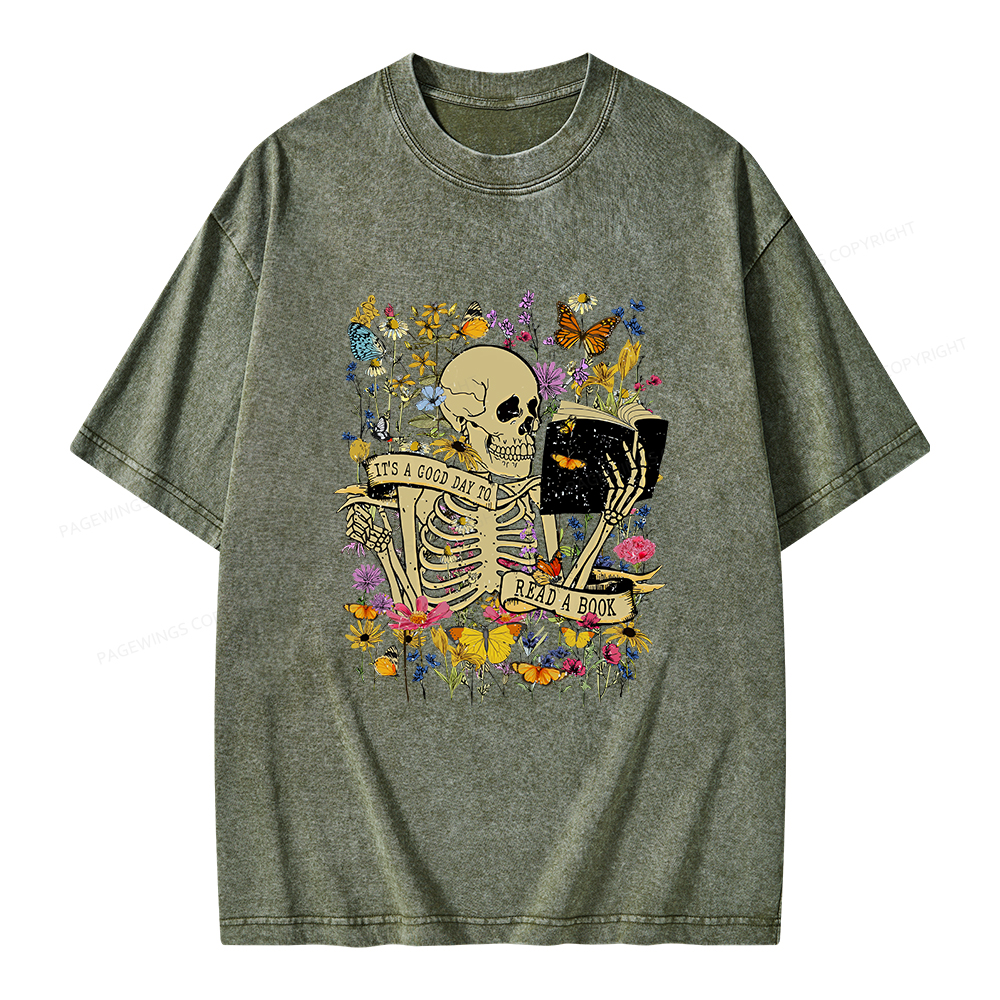 Pagewings Skull Skeleton Reading Book Unisex Washed T-shirt