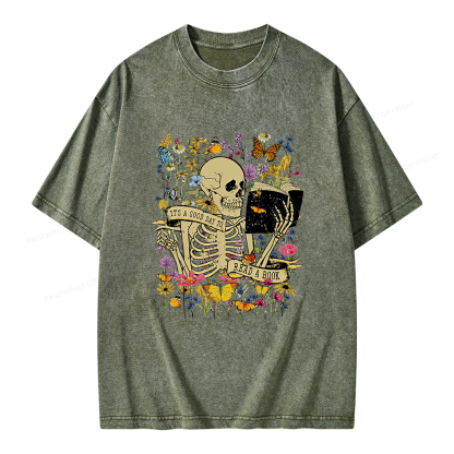 Pagewings Skull Skeleton Reading Book Unisex Washed T-shirt
