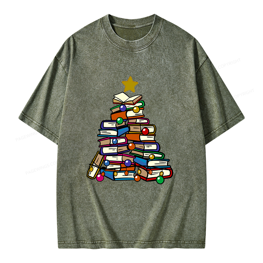 Pagewings Christmas Tree Bookworm Unisex Washed T-shirt
