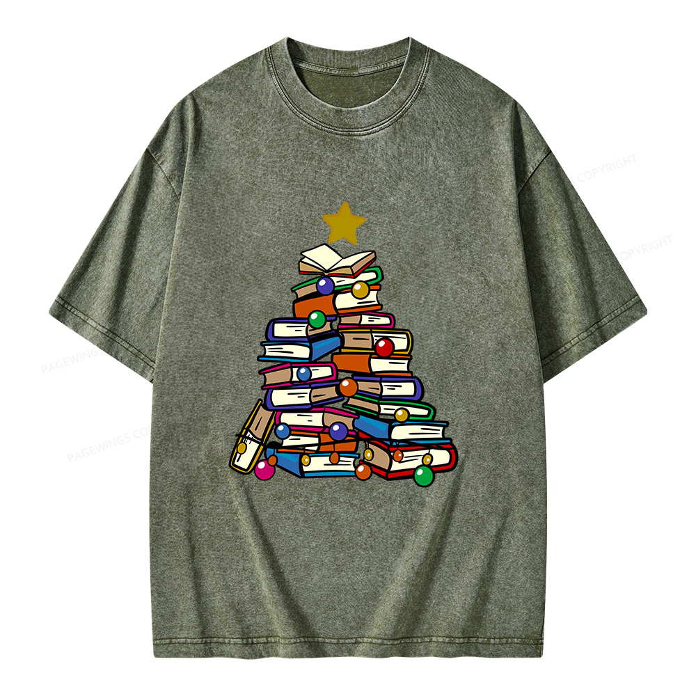 Pagewings Christmas Tree Bookworm Unisex Washed T-shirt