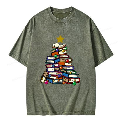 Pagewings Christmas Tree Bookworm Unisex Washed T-shirt