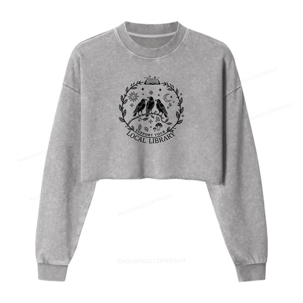 Pagewings Support Your Local Library Women Washed Crop Sweatshirt