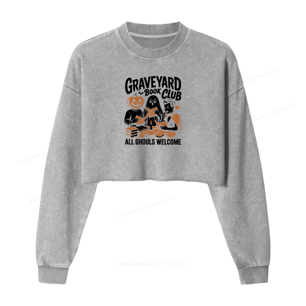 Pagewings Graveyard Book Club Women Washed Crop Sweatshirt
