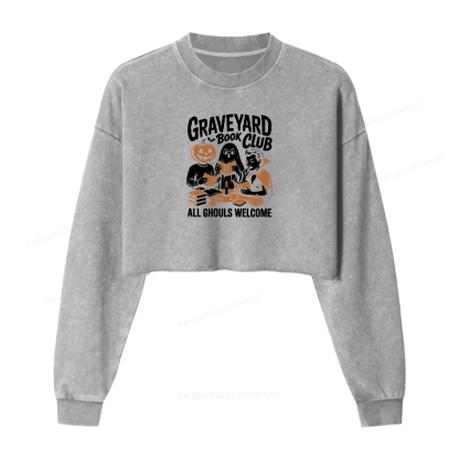 Pagewings Graveyard Book Club Women Washed Crop Sweatshirt