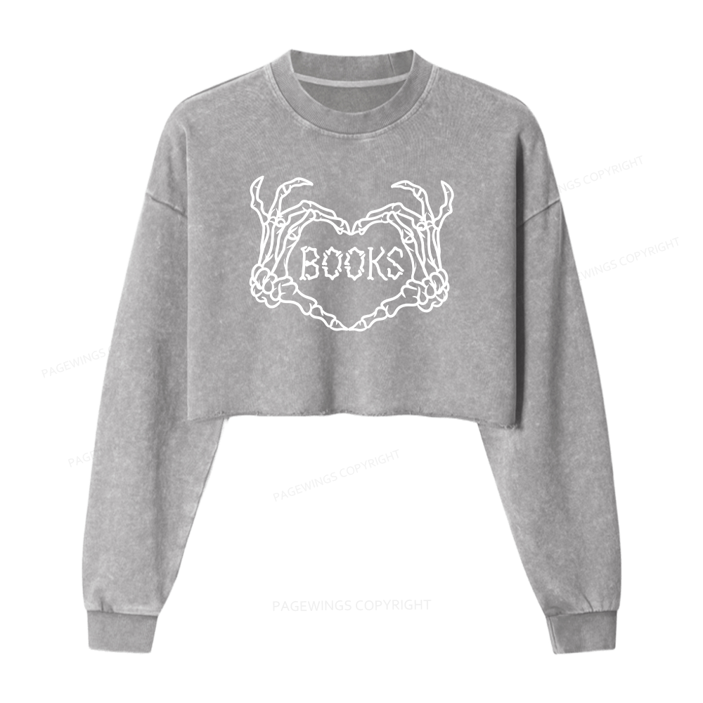 Pagewings Spooky Books Women Washed Crop Sweatshirt