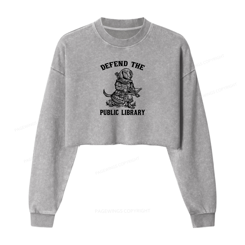 Pagewings Defend The Public Library Women Washed Crop Sweatshirt