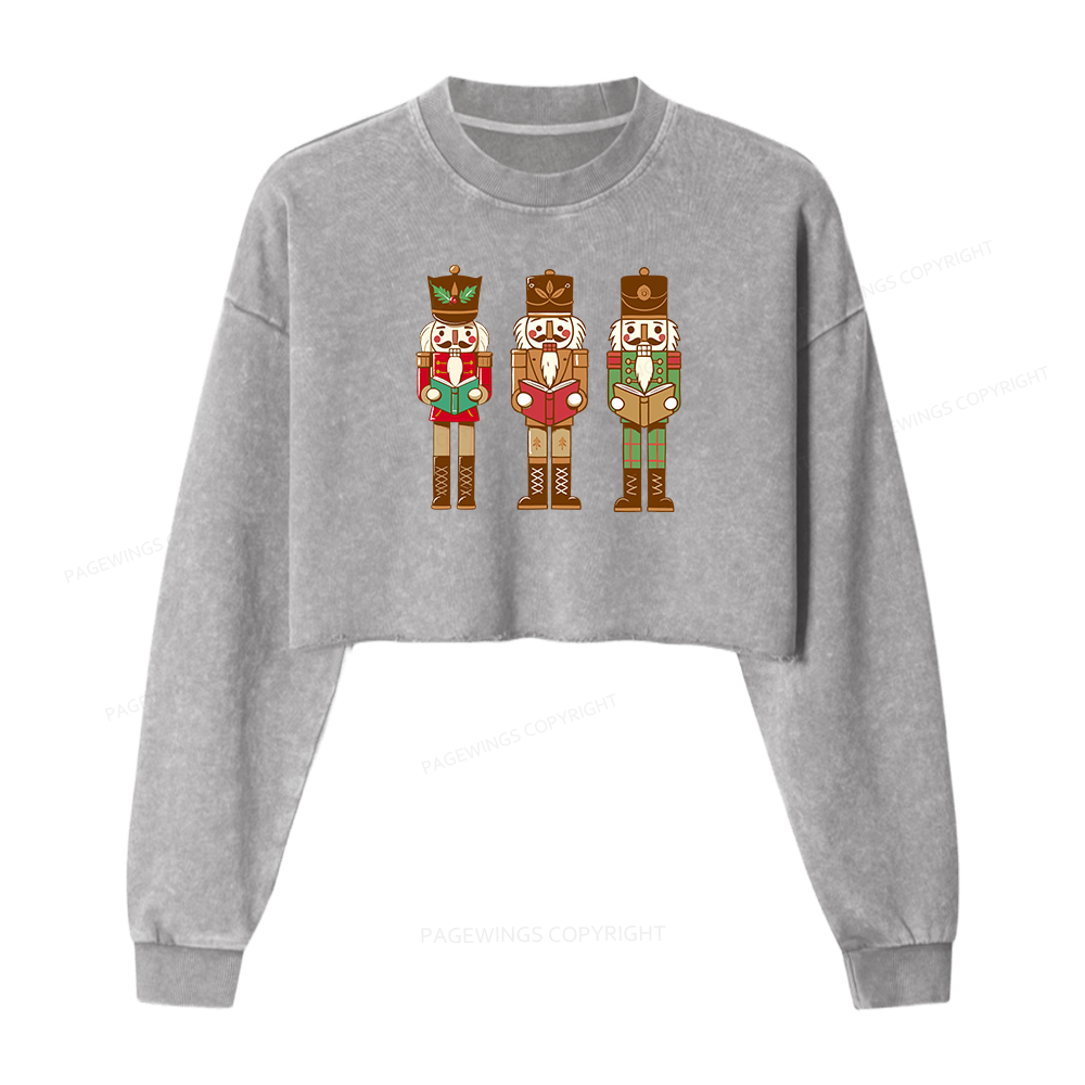 Pagewings Christmas Nutcracker Reading Books Women Washed Crop Sweatshirt