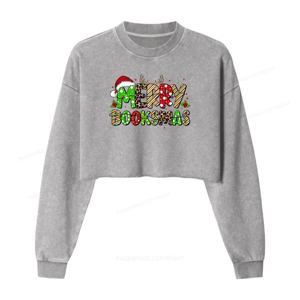 Pagewings Merry Booksmas Women Washed Crop Sweatshirt