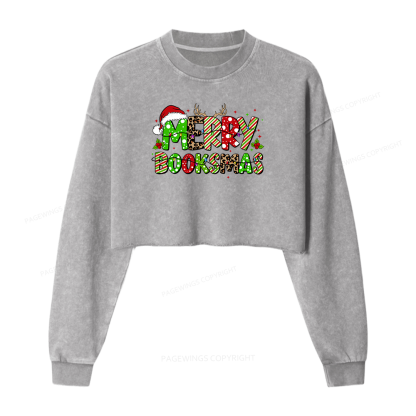 Pagewings Merry Booksmas Women Washed Crop Sweatshirt