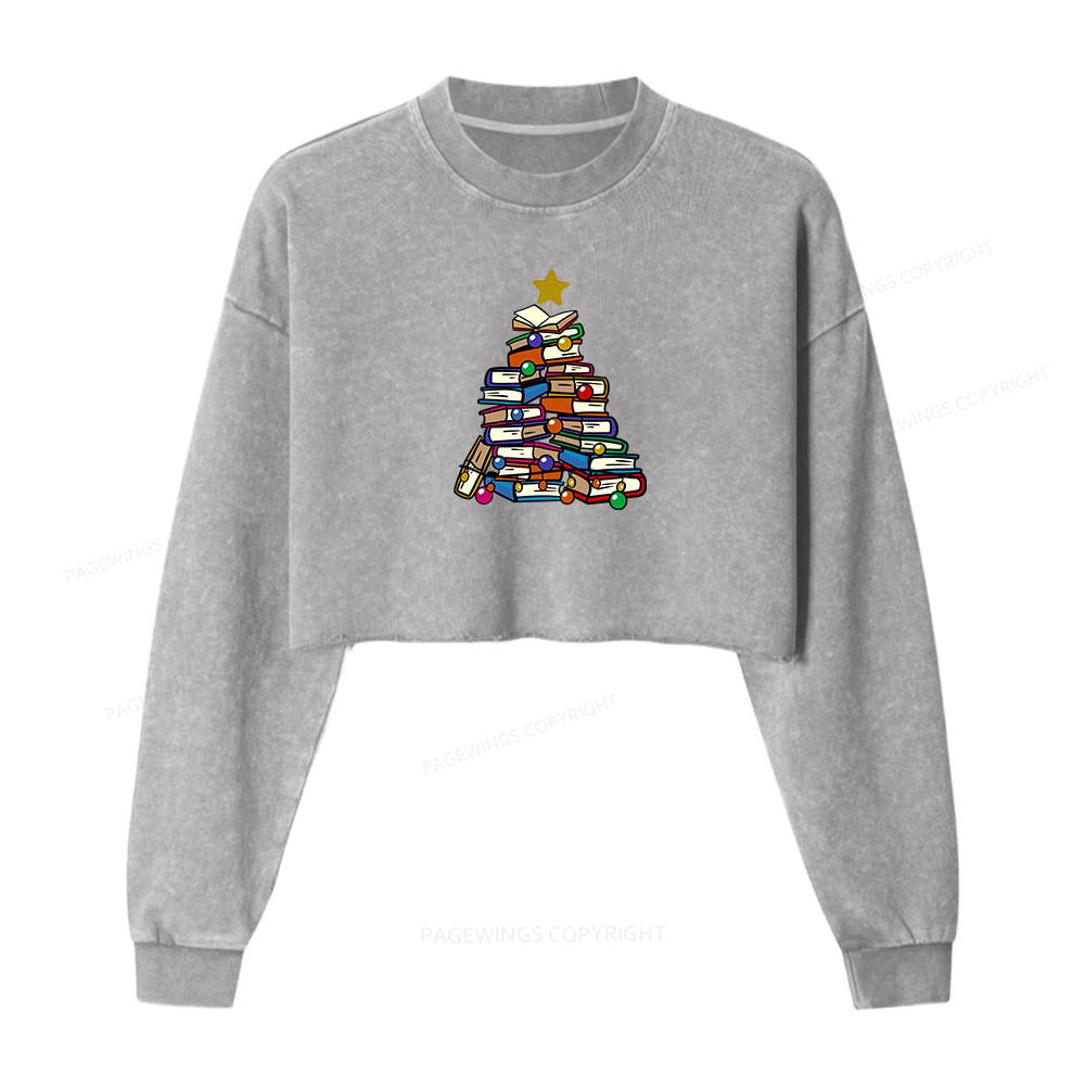 Pagewings Christmas Tree Bookworm Women Washed Crop Sweatshirt