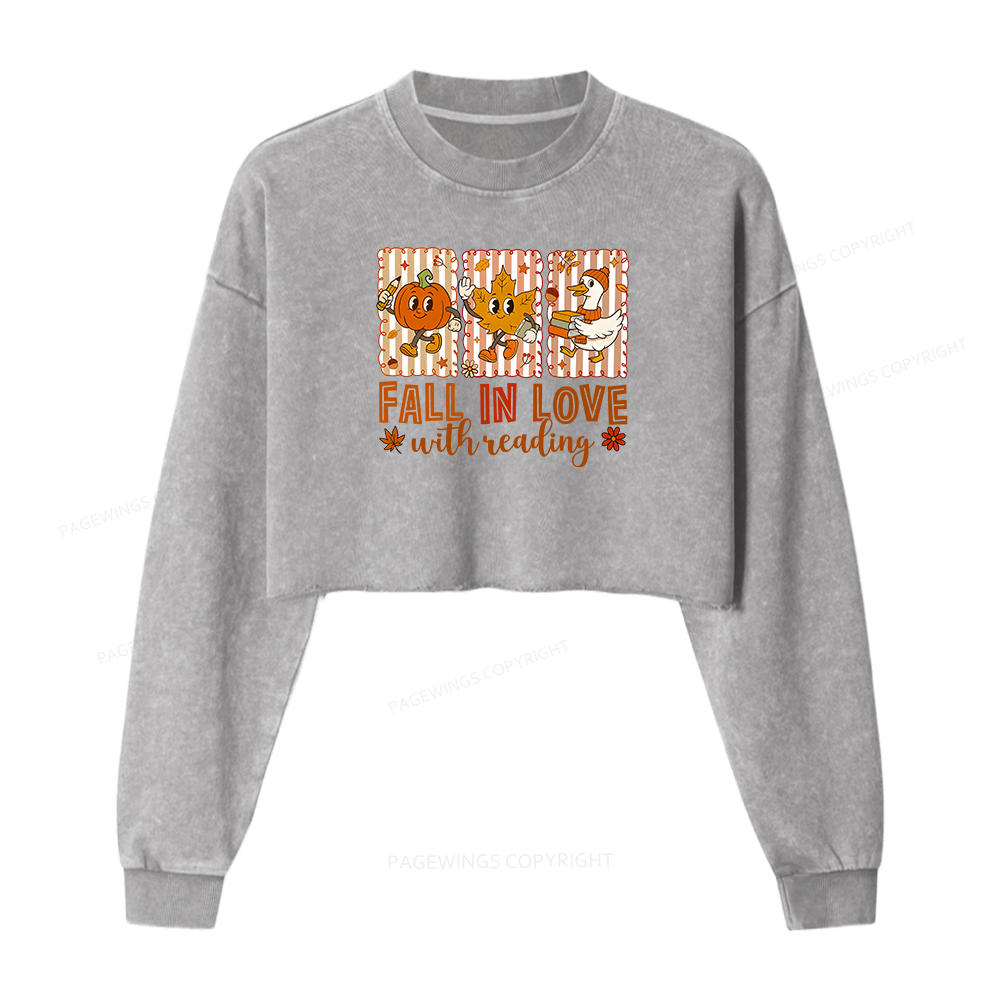 Pagewings Fall In Love With Reading Women Washed Crop Sweatshirt