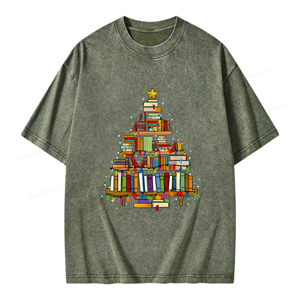 Pagewings Christmas Books Tree Unisex Washed T-shirt