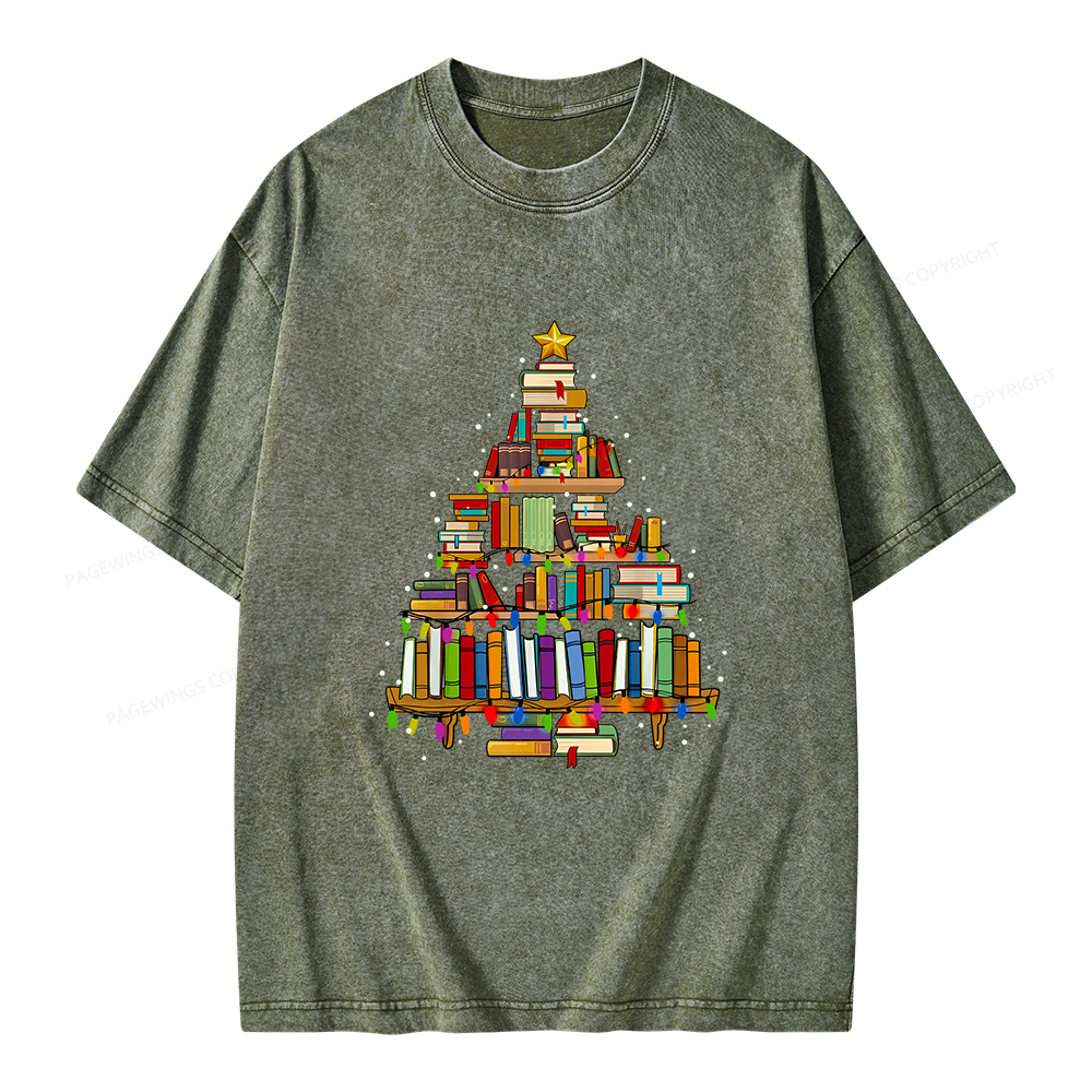 Pagewings Christmas Books Tree Unisex Washed T-shirt