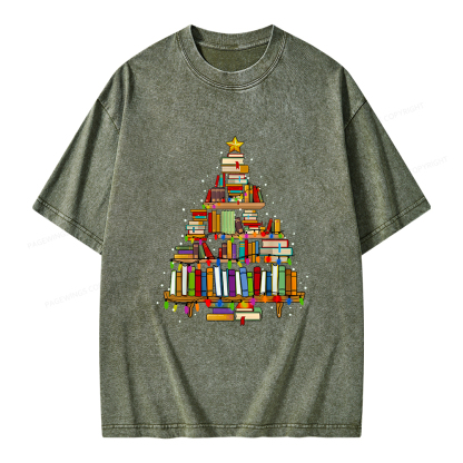 Pagewings Christmas Books Tree Unisex Washed T-shirt