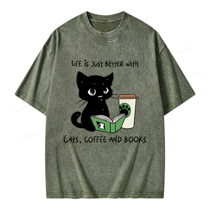 Pagewings Life Is Just Better With Cats Coffee And Books Unisex Washed T-shirt