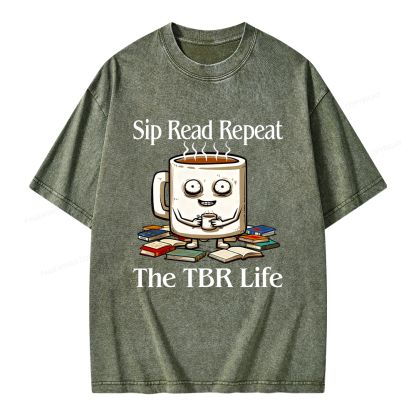 Pagewings Sip Read Repeat The TBR Life Unisex Washed T-shirt