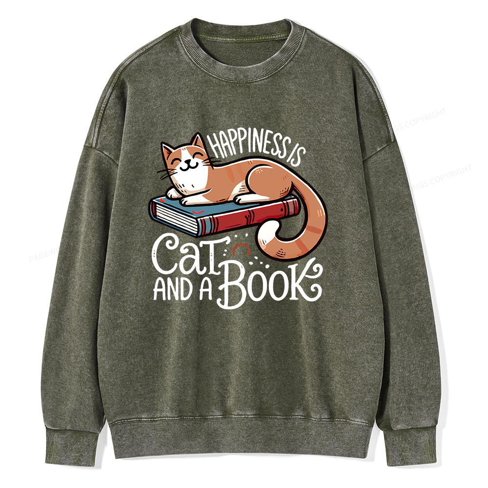 Pagewings Happiness Is A Cat And A Book Unisex Washed Sweatshirt