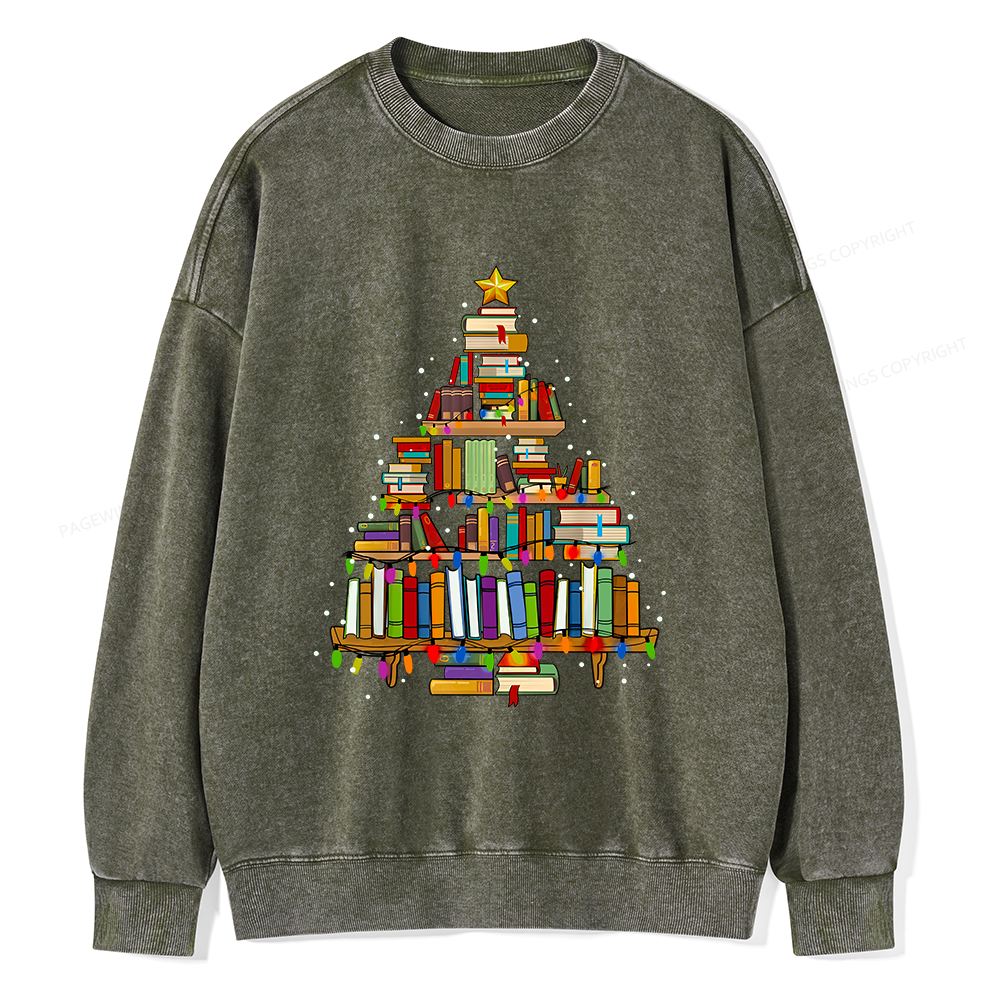 Pagewings Christmas Books Tree Unisex Washed Sweatshirt
