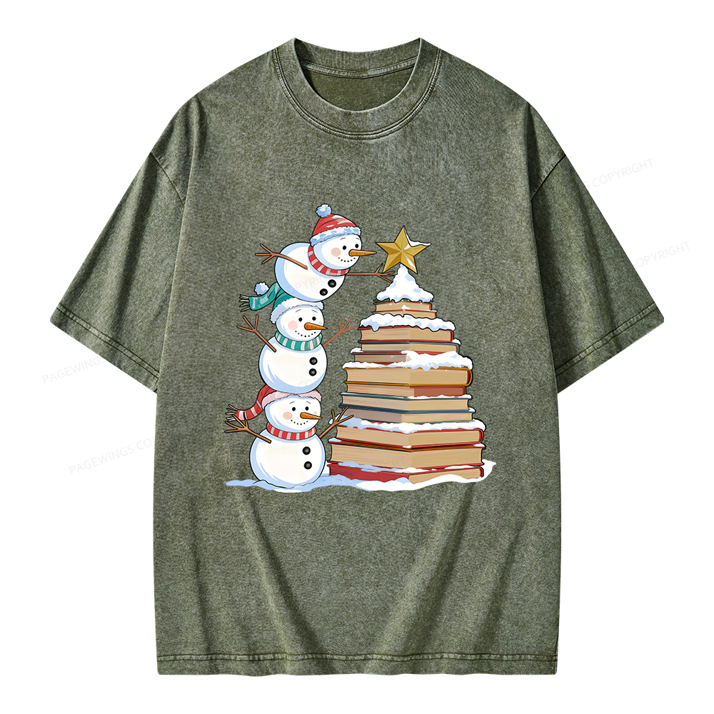 Pagewings Christmas Snowman Books Tree Unisex Washed T-shirt