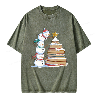 Pagewings Christmas Snowman Books Tree Unisex Washed T-shirt