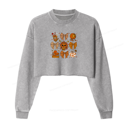 Pagewings Thanksgiving Fall Autumn Women Washed Crop Sweatshirt