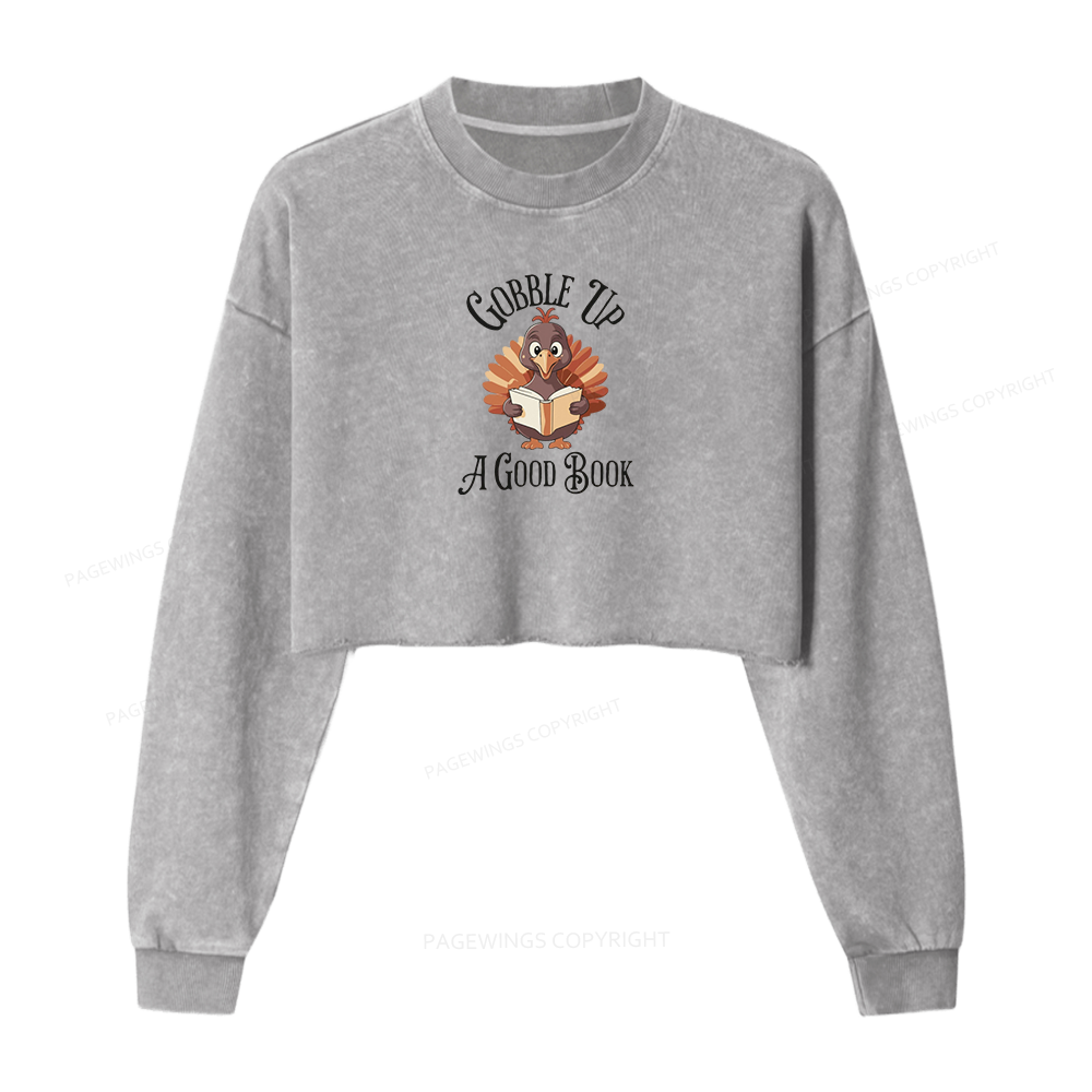 Pagewings Thanksgiving A Good Book Women Washed Crop Sweatshirt