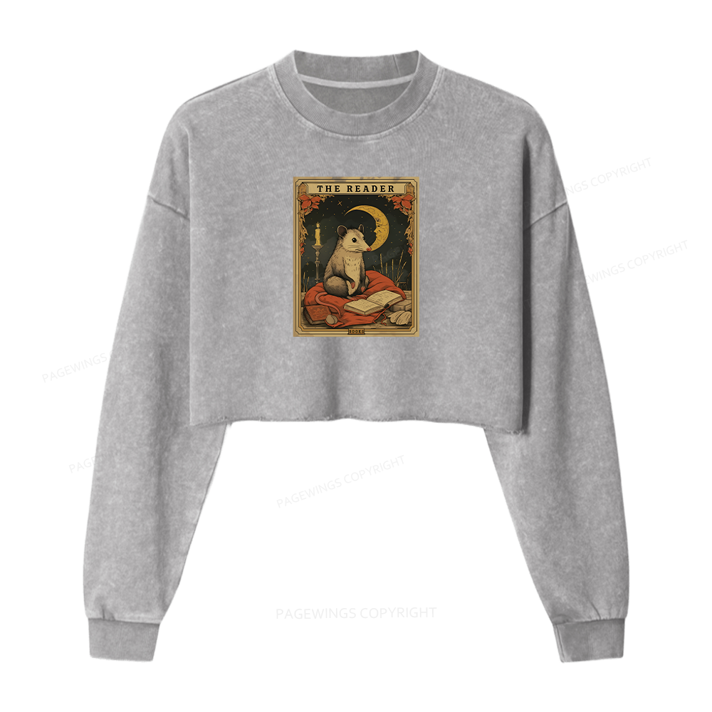 Pagewings The Reader Opossum Tarot Card Women Washed Crop Sweatshirt