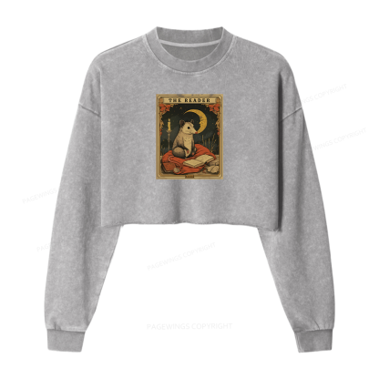 Pagewings The Reader Opossum Tarot Card Women Washed Crop Sweatshirt