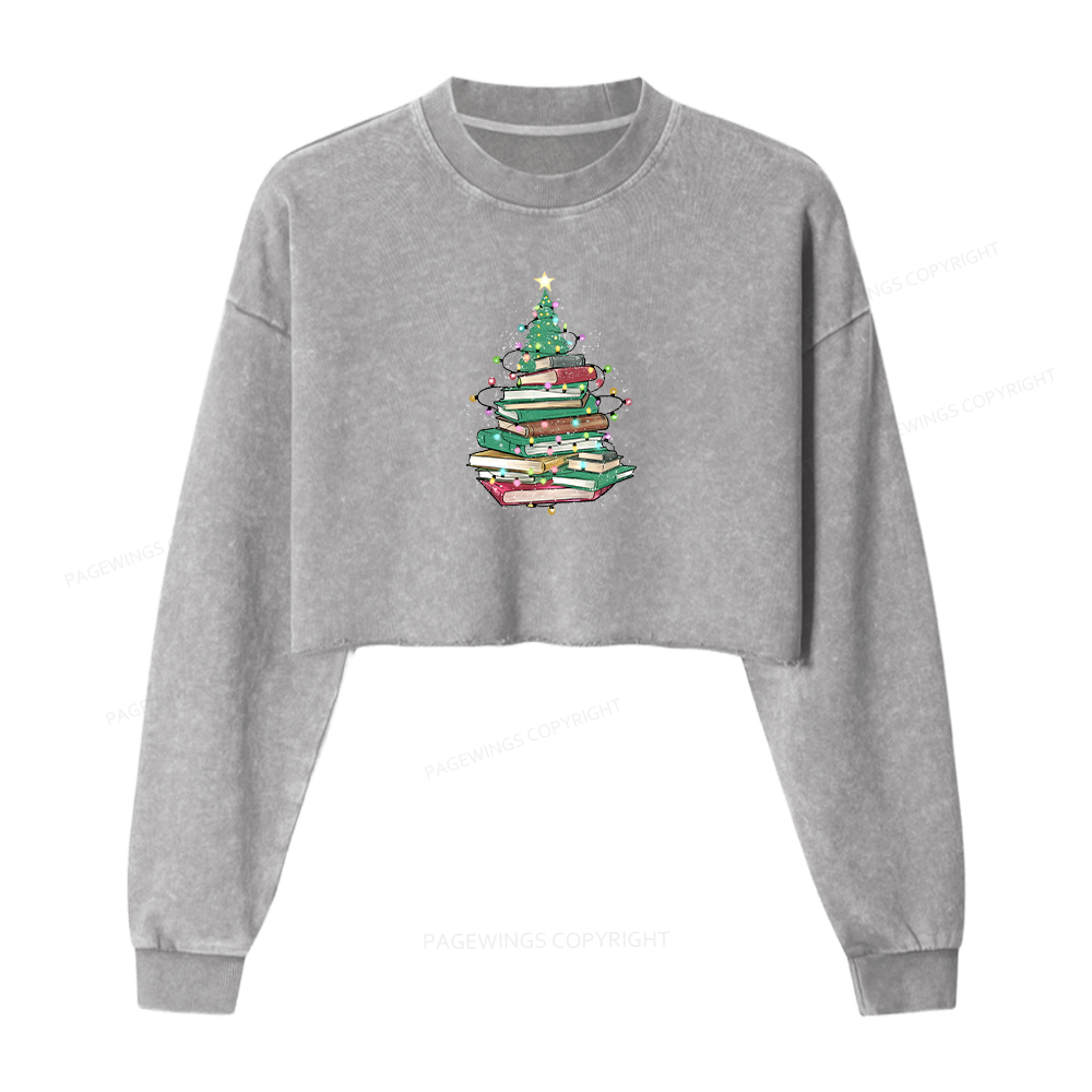 Pagewings Christmas Book Tree Women Washed Crop Sweatshirt