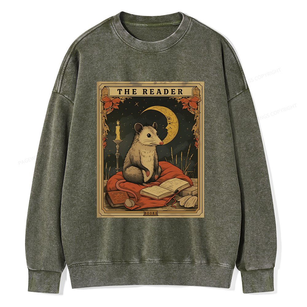 Pagewings The Reader Opossum Tarot Card Unisex Washed Sweatshirt