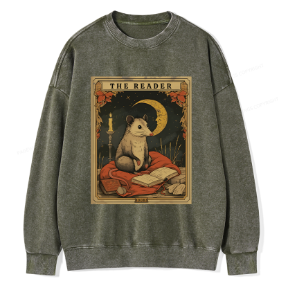 Pagewings The Reader Opossum Tarot Card Unisex Washed Sweatshirt