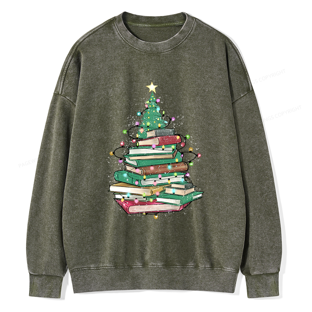 Pagewings Christmas Book Tree Unisex Washed Sweatshirt